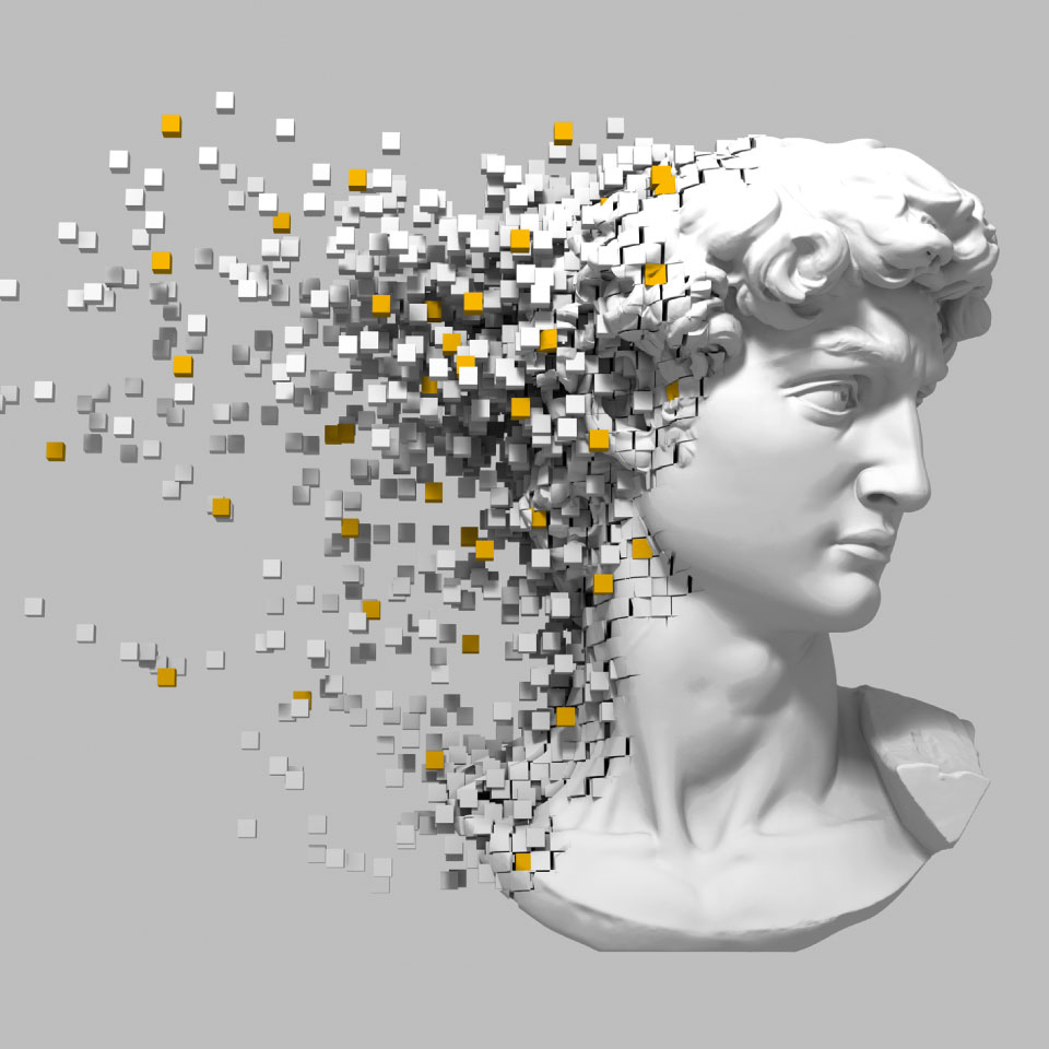 3D Modell einer Büste des Kopfes von David, welche in quadratische Pixel zerfällt