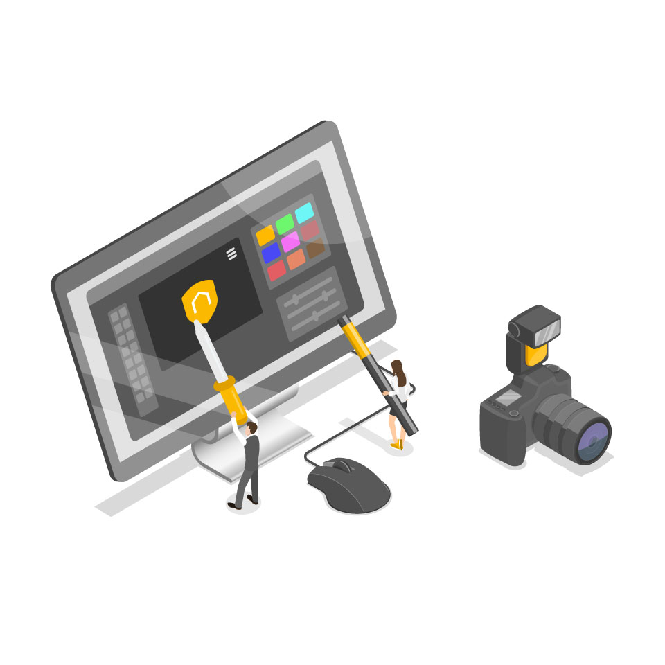 Grafik eines PCs mit einem abstrakt dargestellten Bildbearbeitungsprogramm und einer Kamera
